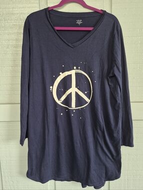 GAP Womans Navy V-Neck LS T Shirt with White Peace Sign Size Large Hippie